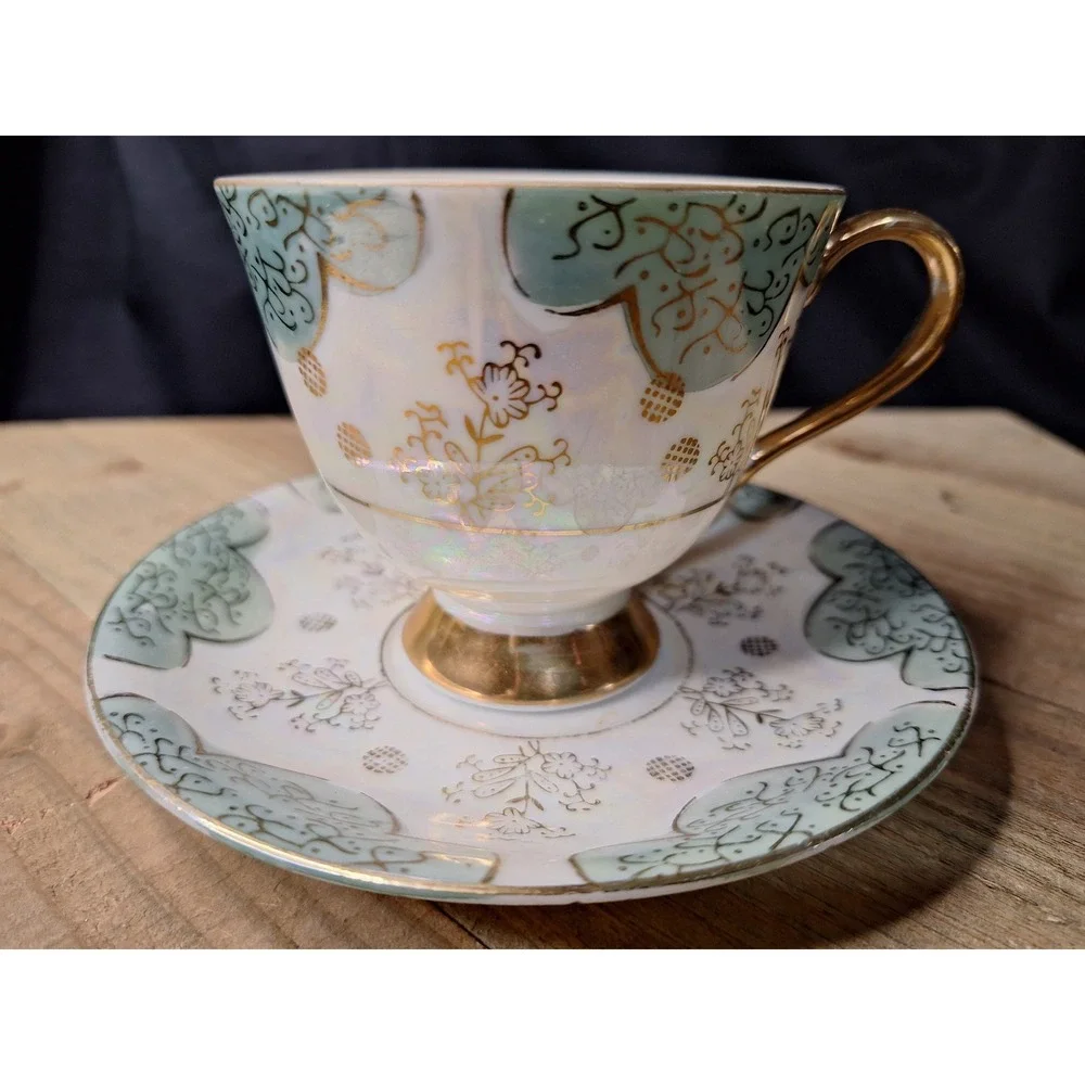Vintage Made in Japan‎ Lusterware Teacup and Saucer Set Iridescent Gold Floral